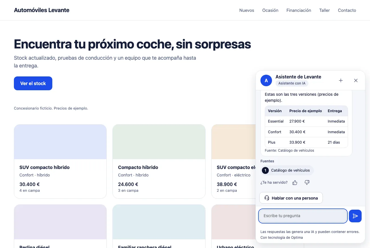 Widget respondiendo con una tabla de tres versiones de un SUV híbrido y la fuente que cita, «Catálogo de vehículos»