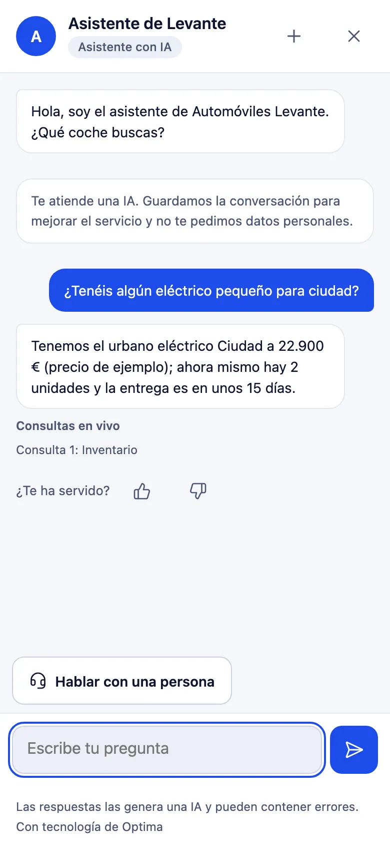 Widget en un móvil de la web de un concesionario ficticio: responde sobre un eléctrico urbano con su consulta en vivo al inventario